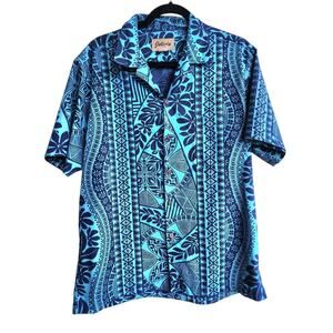 Jelido Blue Tribal Hawaiian shirt Sz Med VTG 80s Aloha Coconut Buttons Pocket